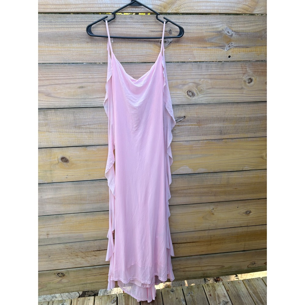 Pink Ruffle Mesh Draped Back Cowl Neck Midi Dress Small